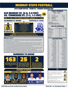 Murray State Football 2020 Game Notes • Game #4 • Dennis Jackson Day 2020-21 Schedule Overall: 3-0 | Ovc: 3-0 #25 Murray St