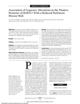 Association of Sequence Alterations in the Putative Promoter of RAB7L1 with a Reduced Parkinson Disease Risk