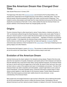 How the American Dream Has Changed Over Time Gale Student Resources in Context, 2016