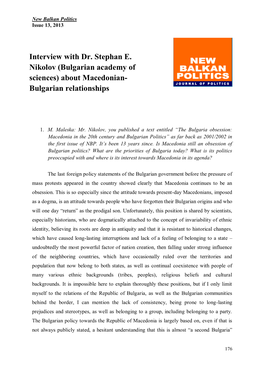 Interview with Dr. Stephan E. Nikolov (Bulgarian Academy of Sciences) About Macedonian- Bulgarian Relationships