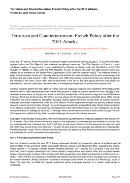 Terrorism and Counterterrorism: French Policy After the 2015 Attacks Written by Jade Maillet-Contoz