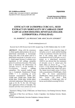 Efficacy of Jatropha Curcas L. Seed Extract on Mortality of Cabbage Crop Larvae (Crocidolomia Binotalis Zeller: Lepidoptera: Pyralidae)