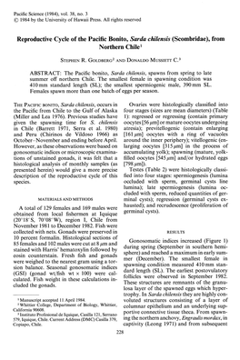 Reproductive Cycle of the Pacific Bonito, Sarda Chilensis (Scombridae), from Northern Chilel