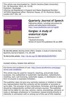 Gorgias: a Study of Oratorical Style Bromley Smith a a Bucknell University Version of Record First Published: 05 Jun 2009