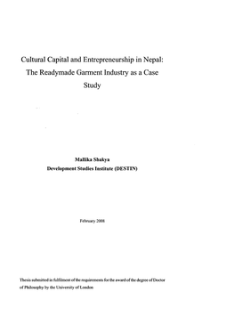 Cultural Capital and Entrepreneurship in Nepal: the Readymade Garment Industry As a Case Study
