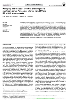 Phylogeny and Character Evolution of the Coprinoid Mushroom Genus <I>Parasola</I> As Inferred from LSU and ITS Nrdna