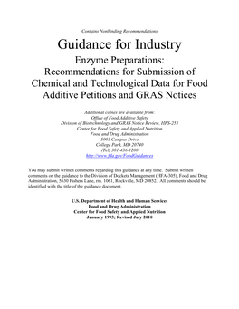 Enzyme Preparations: Recommendations for Submission of Chemical and Technological Data for Food Additive Petitions and GRAS Notices