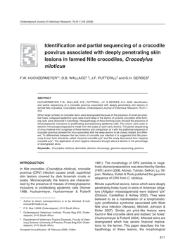 Identification and Partial Sequencing of a Crocodile Poxvirus Associated with Deeply Penetrating Skin Lesions in Farmed Nile Crocodiles, Crocodylus Niloticus