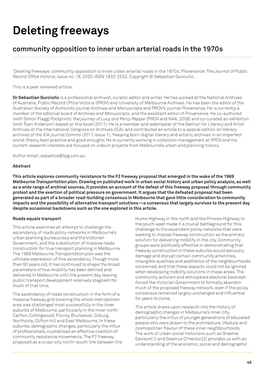 Deleting Freeways Community Opposition to Inner Urban Arterial Roads in the 1970S