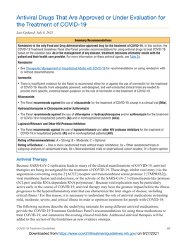 Antiviral Drugs That Are Approved Or Under Evaluation for the Treatment of COVID-19