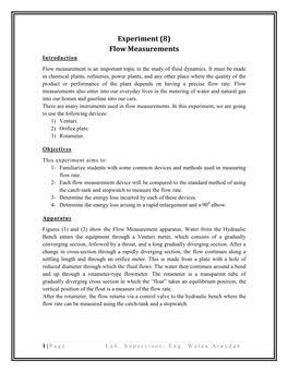 Experiment (8) Flow Measurements Introduction Flow Measurement Is an Important Topic in the Study of Fluid Dynamics