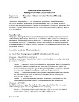 Utah State Office of Education Reading Endorsement Course Framework