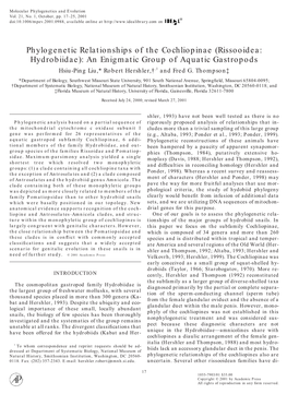 Phylogenetic Relationships of the Cochliopinae (Rissooidea: Hydrobiidae): an Enigmatic Group of Aquatic Gastropods Hsiu-Ping Liu,* Robert Hershler,†,1 and Fred G