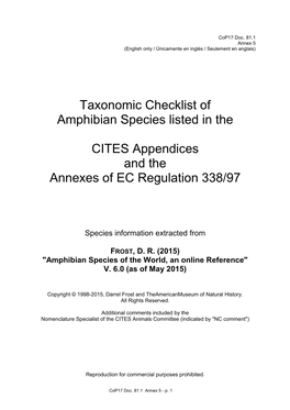 Taxonomic Checklist of Amphibian Species Listed in the CITES