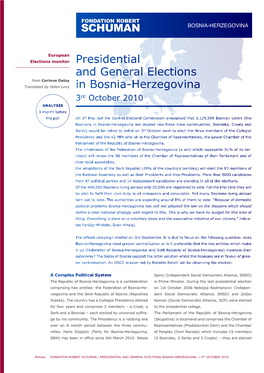 Presidential and General Elections in Bosnia-Herzegovina 3Rd October 2010