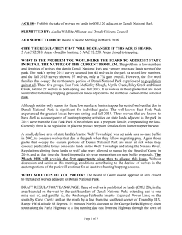 ACR 18 - Prohibit the Take of Wolves on Lands in GMU 20 Adjacent to Denali National Park