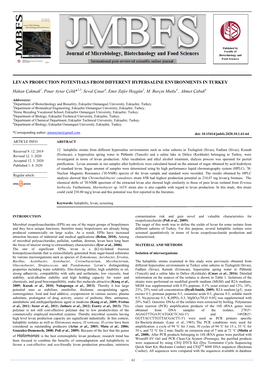 Levan Production Potentials from Different Hypersaline Environments in Turkey