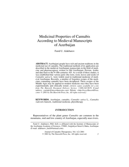 Medicinal Properties of Cannabis According to Medieval Manuscripts of Azerbaijan