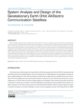 System Analysis and Design of the Geostationary Earth Orbit All-Electric Communication Satellites