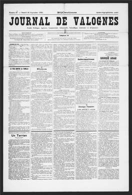 JOURNAL DE VALOGNES Feuille Politique, Agricole, Commerciale, Industrielle, Scientifique, Littéraire Et D’Annonces ______