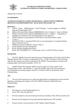 AUSTRALIAN DEFENCE FORCE AUSTRALIAN DEFENCE FORCE BASKETBALL ASSOCIATION ADFBA/OUT/2019/06 See Distribution AUSTRALIAN DEFENCE F