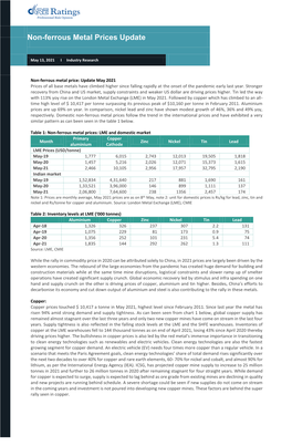 13 May 2021 Update on Prices of Non-Ferrous Metals