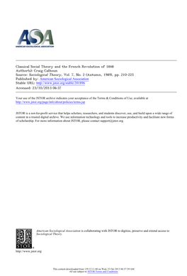 Classical Social Theory and the French Revolution of 1848 Author(S): Craig Calhoun Source: Sociological Theory, Vol