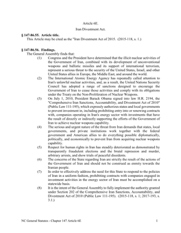 Article 6E. Iran Divestment Act. § 147-86.55. Article Title. This Article May Be Cited As the 