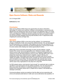 Open Source Software: Risks and Rewards V2.0, 03 August 2005