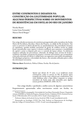 Entre Confrontos E Desafios Na Construção Da Legitimidade Popular: Algumas Perspectivas Sobre Os Movimentos De Resistências Em Favelas Do Rio De Janeiro