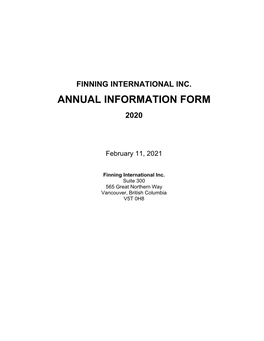 AIF), the Terms “We”, “Our”, “Us” “Company” and “Finning” Mean Finning International Inc