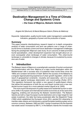 Destination Management in a Time of Climate Change and Systemic Crisis – the Case of Majorca, Balearic Islands