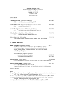 Jonathan Klawans, Ph.D. Professor of Religion, Boston University 145 Bay State Road Boston, MA 02215 (617) 353-4432 Jklawans@Bu.Edu