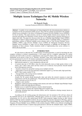 Multiple Access Techniques for 4G Mobile Wireless Networks Dr Rupesh Singh, Associate Professor & HOD ECE, HMRITM, New Delhi