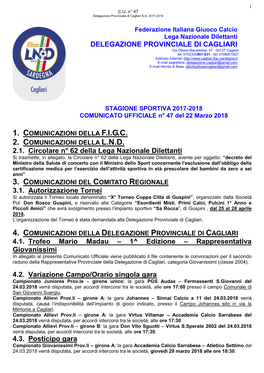 DELEGAZIONE PROVINCIALE DI CAGLIARI 2.1. Circolare N° 62 Della