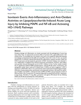 Isovitexin Exerts Anti-Inflammatory and Anti-Oxidant Activities on Lipopolysaccharide-Induced Acute Lung Injury by Inhibiting MA