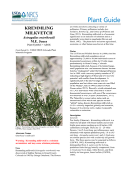 Kremmling Milkvetch Is of Economic Significance As an Indicator of Selenium and As a Astragalus Osterhoutii Potentially Toxic Plant in Rangelands (Brown and M.E