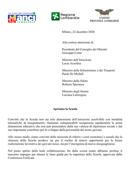 Milano, 22 Dicembre 2020 Alla Cortese Attenzione Di: Presidente Del