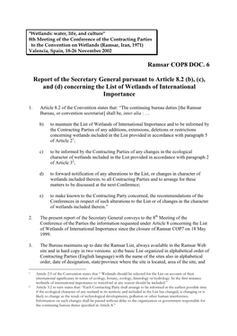 Ramsar COP8 DOC. 6 Report of the Secretary General Pursuant To