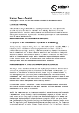 State of Access Report Surveying the Facilities for Deaf and Disabled Customers at UK Live Music Venues