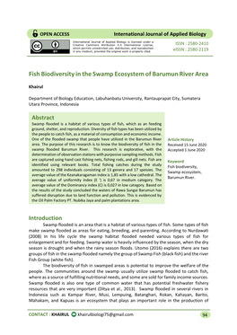 Fish Biodiversity in the Swamp Ecosystem of Barumun River Area