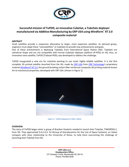 Successful Mission of Tupod, an Innovative Cubesat, a Tubesats Deployer Manufactured Via Additive Manufacturing by CRP USA Using Windform® XT 2.0 Composite Material