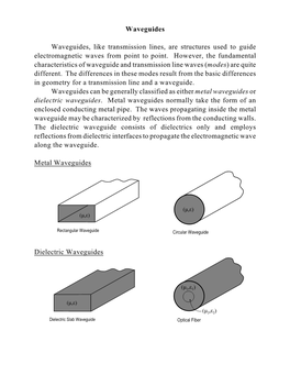 Waveguides Waveguides, Like Transmission Lines, Are Structures Used to Guide Electromagnetic Waves from Point to Point. However