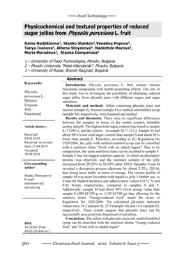 Рhysicochemical and Textural Properties of Reduced Sugar Jellies from Physalis Peruviana L