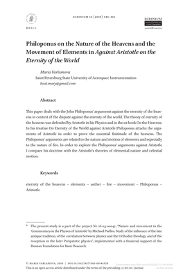 Philoponus on the Nature of the Heavens and the Movement of Elements in Against Aristotle on the Eternity of the World