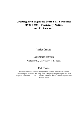 Art Song in the South Slav Territories (1900-1930S): Femininity, Nation and Performance