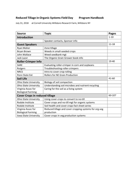 Reduced Tillage in Organic Systems Field Day Program Handbook July 31, 2018 at Cornell University Willsboro Research Farm, Willsboro NY