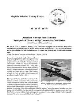 American Airways Ford Trimotor Transports FDR to Chicago Democratic Convention by Baird Wonsey and Marguerite Wonsey