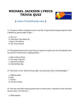 Michael Jackson Lyrics Trivia Quiz