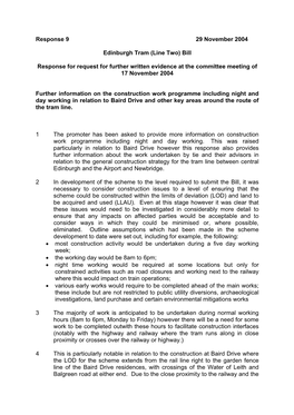 Response 9 29 November 2004 Edinburgh Tram (Line Two) Bill